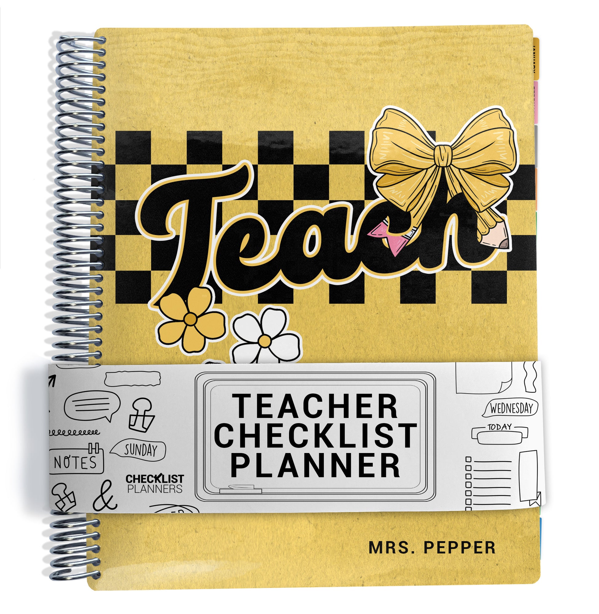 yellow, checker, bow, and flower pattern with the word 'teach' on planner Notebook with spiral binding on a white background