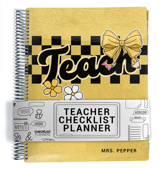 yellow, checker, bow, and flower pattern with the word 'teach' on planner Notebook with spiral binding on a white background