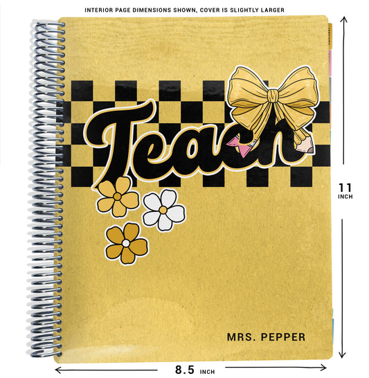 yellow, checker, bow, and flower pattern with the word 'teach' on planner Notebook with spiral binding and size dimensions labeled on a white background