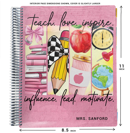 Notebook cover with educational-themed illustrations and text that says 'teach. love. inspire. influence. lead. motivate.', with size dimensions displayed.