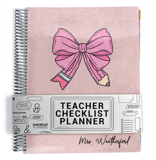 Teacher checklist planner with pink bow pencil design on a pink background