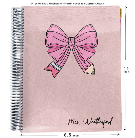 planner Notebook with a pink bow pencil design on a pink background cover, size dimensions indicated.