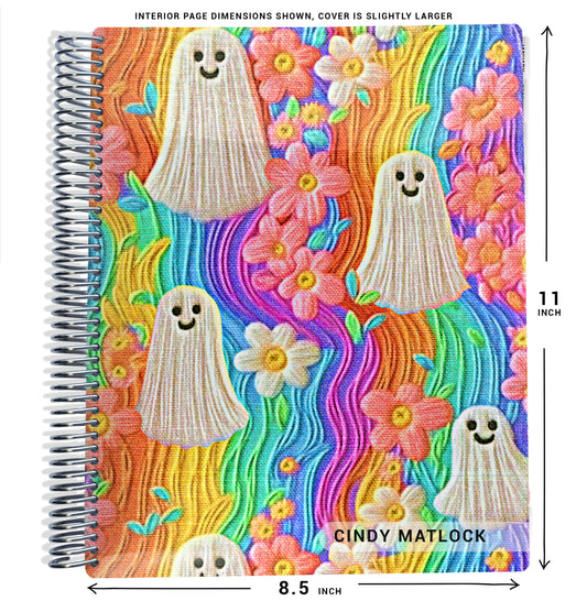 Notebook with rainbow ghost and flower design, size dimensions shown