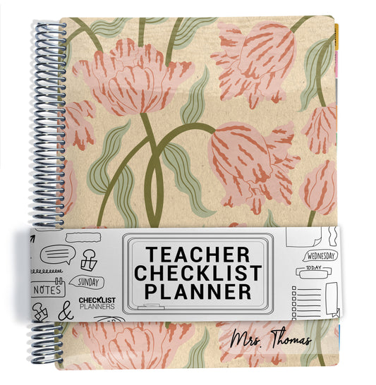Teacher checklist planner with pink and green floral design on a white background