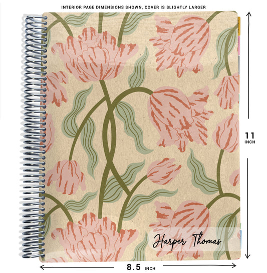 planner notebook with pink and green floral design and dimensions shown