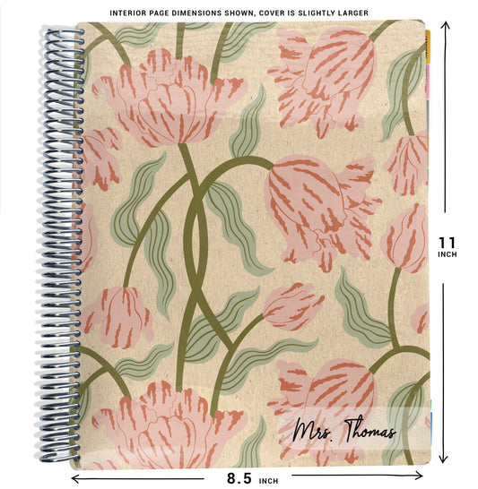 planner notebook with pink and green floral design and dimensions shown
