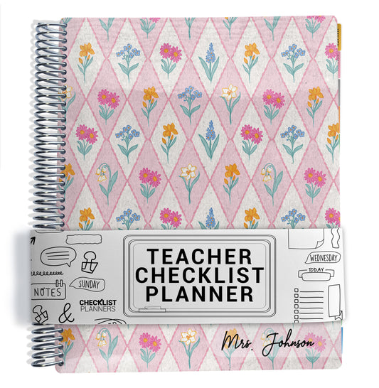 Teacher checklist planner with floral design and personalized name on a white background