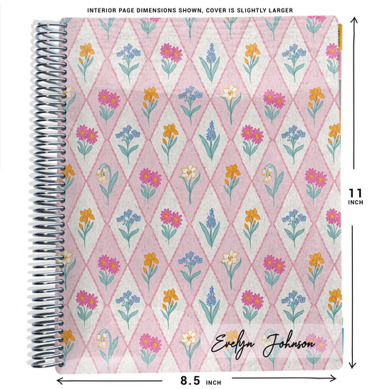 planner with pink and blue floral pattern and dimensions on a white background