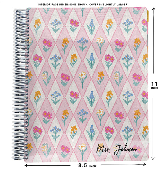 planner with pink and blue floral pattern and dimensions on a white background