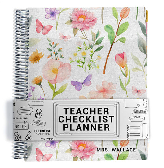 Teacher checklist planner with pink, green, purple floral design