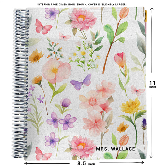 Notebook with pink, green, and purple floral design and butterfly illustrations, dimensions shown.