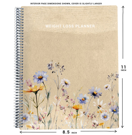 beige background with yellow and blue wildflowers pattern with the text 'weight loss planner' on planner Notebook with spiral binding and size dimensions labeled on a white background