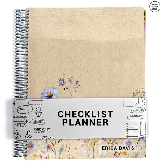 Checklist planner with tan floral design on a white background