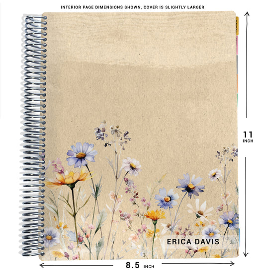 planner notebook with floral design on tan background, shown with dimensions.