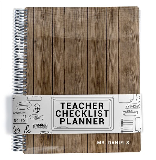 brown wood grain pattern on planner Notebook with spiral binding on a white background