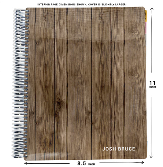 brown wood grain pattern on planner Notebook with spiral binding and size dimensions labeled on a white background