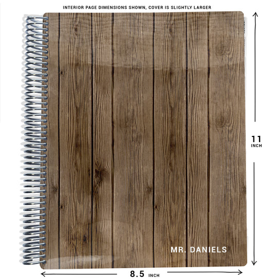 brown wood grain pattern on planner Notebook with spiral binding and size dimensions labeled on a white background
