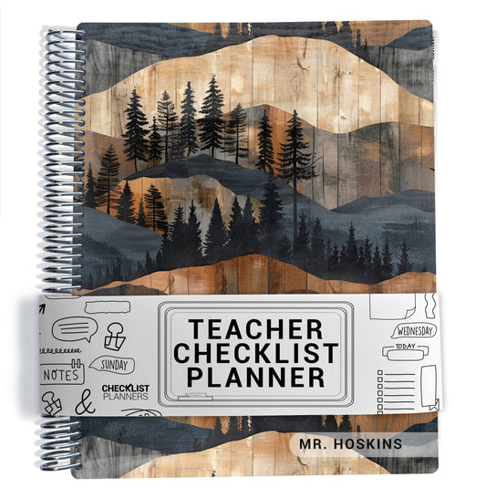 brown and gray wood and mountains pattern on planner Notebook with spiral binding on a white background