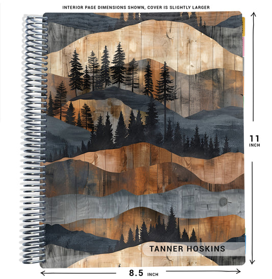 brown and gray wood and mountains pattern on planner Notebook with spiral binding and size dimensions labeled on a white background