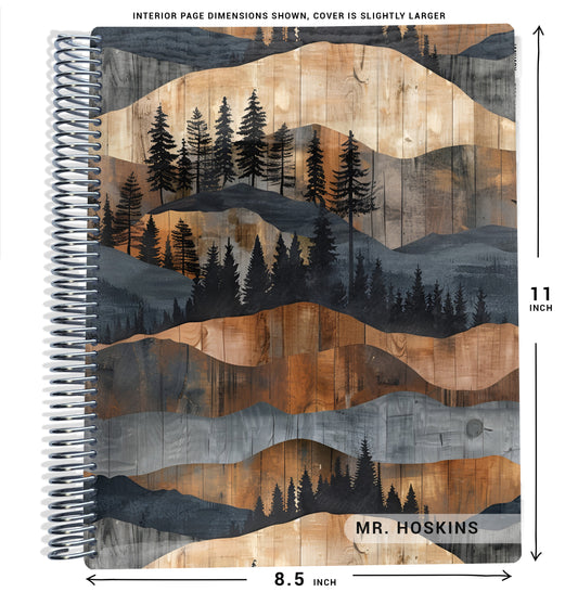 brown and gray wood and mountains pattern on planner Notebook with spiral binding and size dimensions labeled on a white background