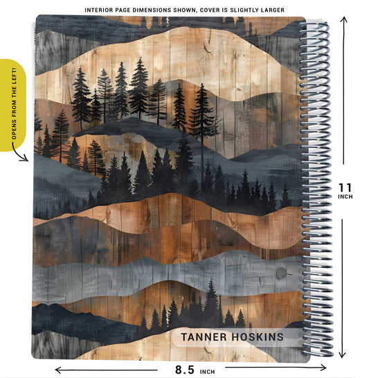 brown and gray wood and mountains pattern on planner Notebook with spiral binding and size dimensions labeled on a white background