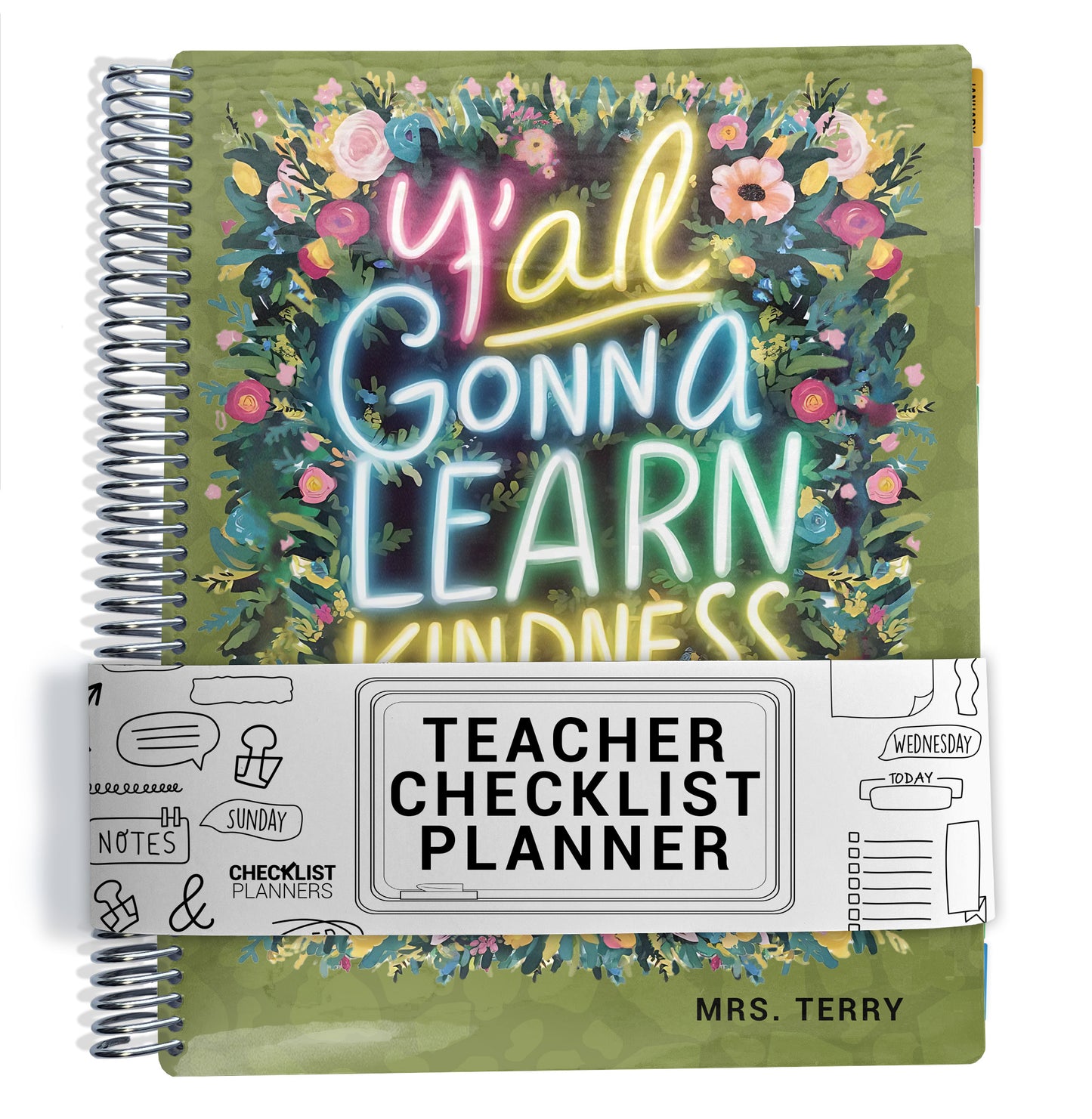 colorful floral design with the text 'yall gonna learn kindness today planner' with green cheetah background on planner Notebook with spiral binding on a white background