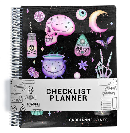 The image is a colorful and whimsical image featuring a black and white spiral-bound planner with various illustrations and text.