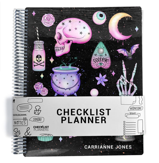 The image is a colorful and whimsical image featuring a black and white spiral-bound planner with various illustrations and text.