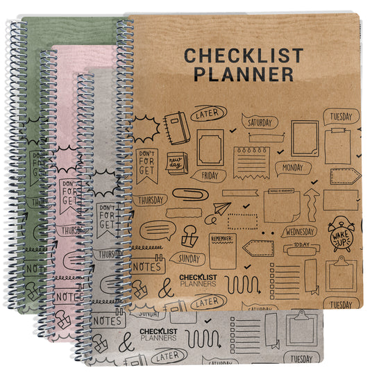 4 stacked planners in the colors brown, gray, pink, and green, with spiral coils