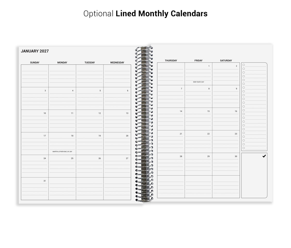 The image is a spiral-bound notebook with a calendar page for January 27, displaying a structured layout with days of the week and dates.