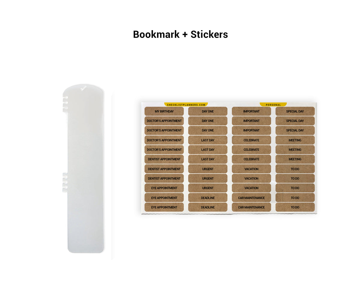 a white bookmark and a stack of brown sticky notes, both of which are used for organization and note-taking purposes.