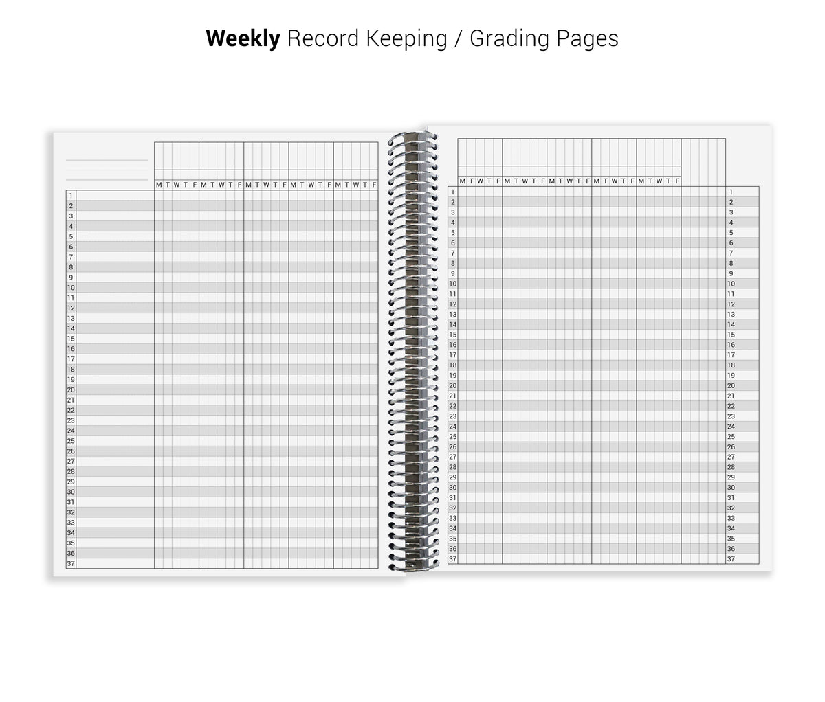 The image is a spiral-bound notebook with a blank page at the top, designed for record keeping andgrading.