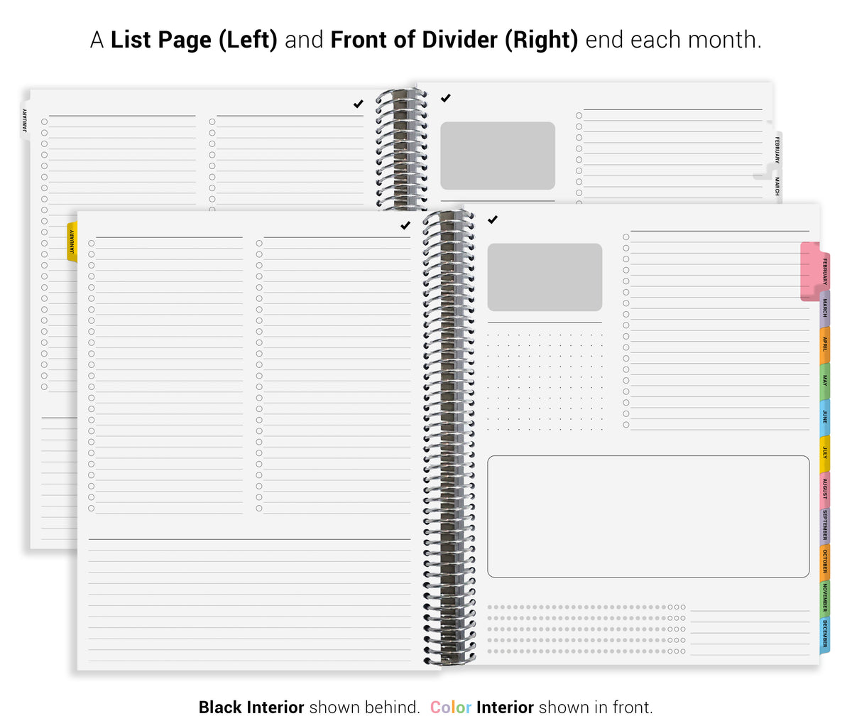 The image is a page from a planner or notebook, featuring a list page with blank spaces for writing down tasks or ideas, and a front divider page with blank spaces for organizing and separating different sections.