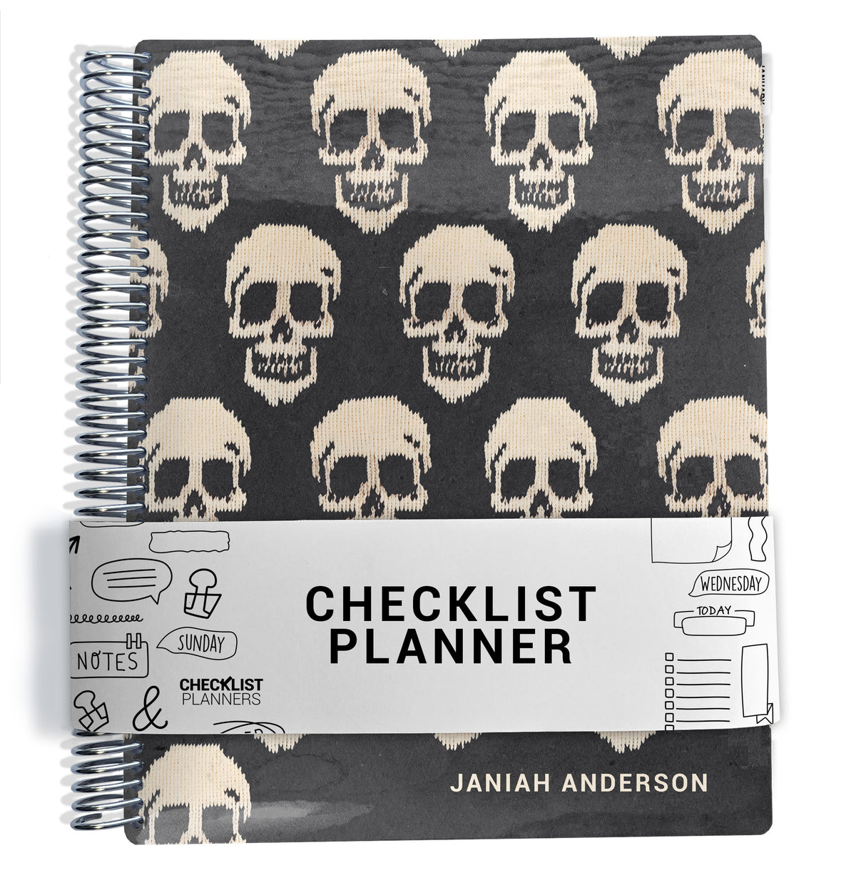 a black and white skull-patterned spiral notebook with the title "CHECKLIST PLANNER" printed on it.