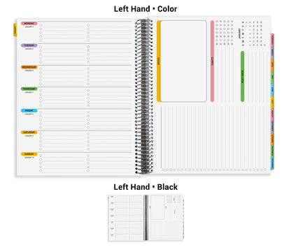 The image is a spiral-bound notebook with a left-hand page and a right-hand page. The left-hand page has a color section, while the right-hand page has a blank page. The notebook appears to be a daily planner or journal, with a calendar and a color-coded system for organizing tasks and events.