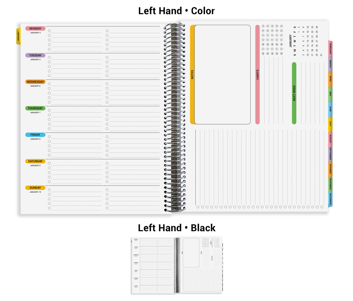 The image is a spiral-bound notebook with a left-hand page and a right-hand page. The left-hand page has a color section, while the right-hand page has a blank page. The notebook appears to be a daily planner or journal, with a calendar and a color-coded system for organizing tasks and events.