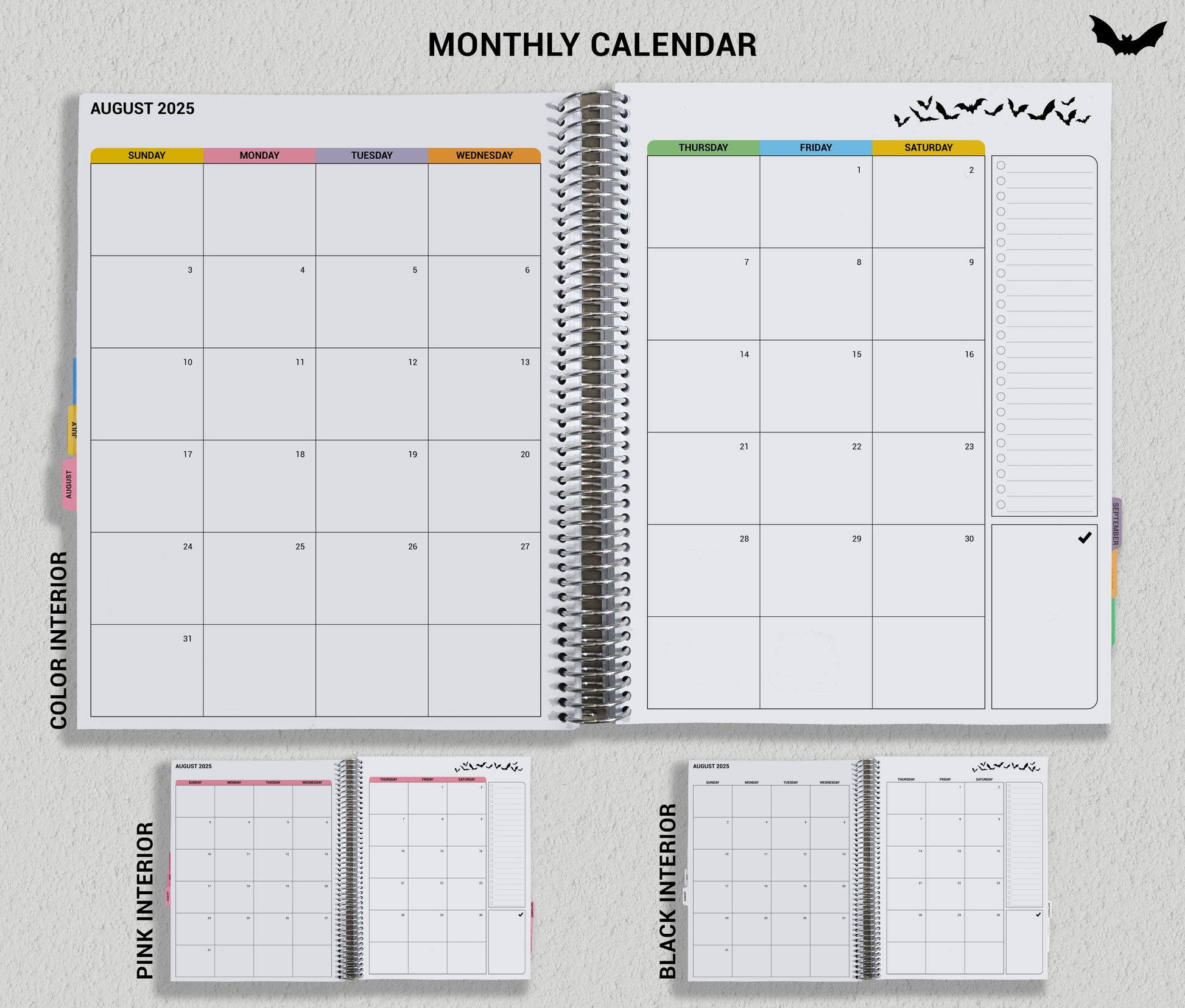 the month planner is open on top of a table