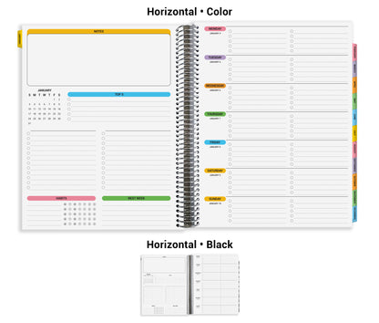 The image is a color and black spiral-bound planner with a daily schedule and to-do lists. It is designed for organizing and planning daily activities, appointments, and tasks.