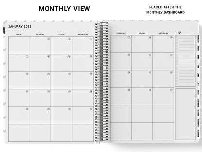 a white planner with the month on it