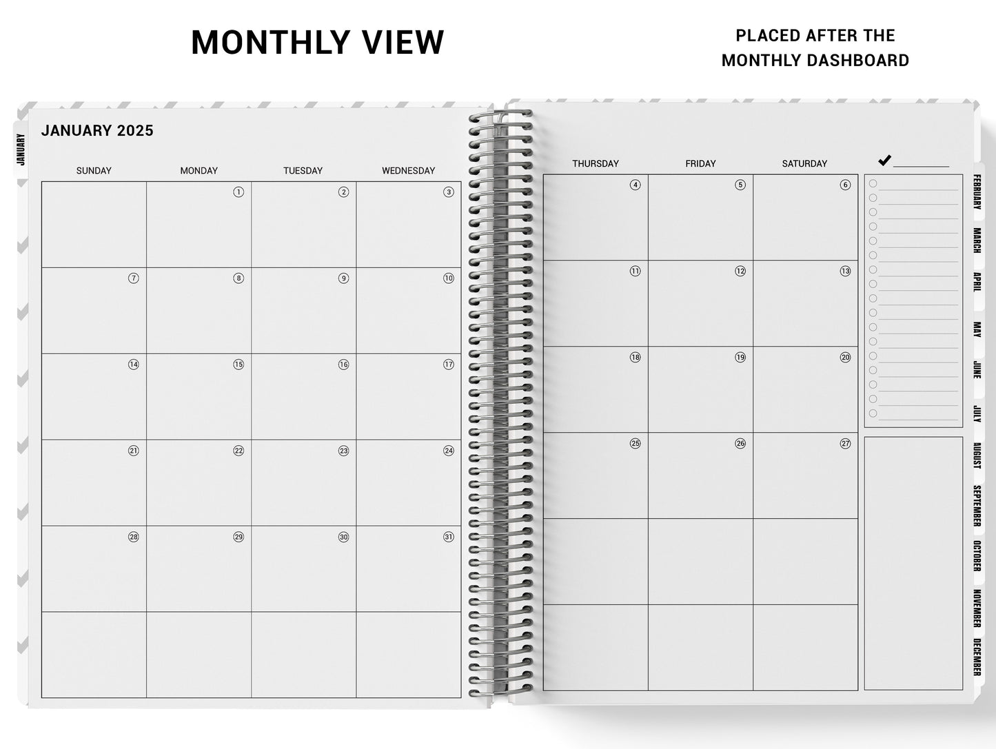 a white planner with the month on it