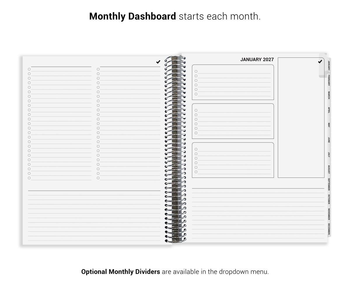 The image is a Monthly Dashboard that starts each month, with a calendar for January 2027 and a list of tasks or events.