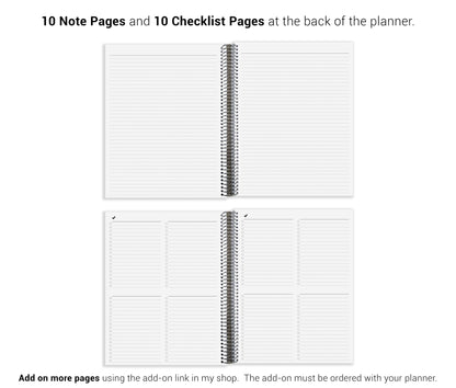 a spiral-bound notebook with blank pages, accompanied by text that provides information about the notebook, such as the number of pages and a list of items.