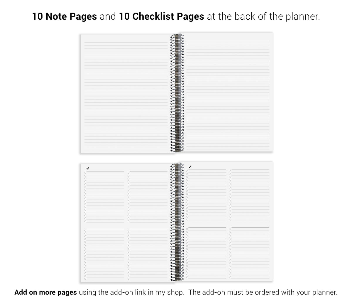 a spiral-bound notebook with blank pages, accompanied by text that provides information about the notebook, such as the number of pages and a list of items.