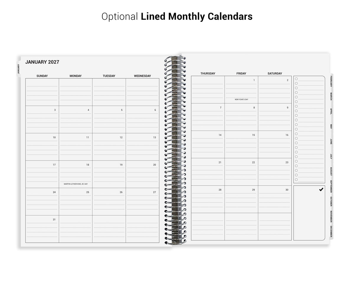 The image is a spiral-bound notebook with a calendar page for January 2021. The page is divided into two columns, with the left column listing the days of the week and the right column listing the days of the month. The page also includes a section for a to-do list and a section for a calendar for the month of January.