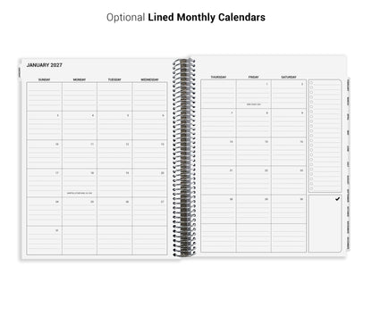 The image is a spiral-bound notebook with a calendar page for January 2021. The page is divided into two columns, with the left column listing the days of the week and the right column listing the days of the month. The page also includes a section for a to-do list and a section for a calendar for the month of January.