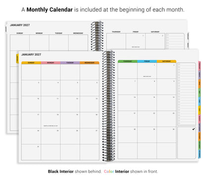 The image is a Monthly Calendar that is included at the beginning of each month. It is a spiral-bound notebook with a black interior and a color interior. The calendar displays the days of the week and months of the year, providing a structured overview of the upcoming months. The calendar is designed to help users plan and organize their time effectively.