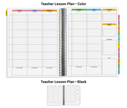 The image is a teacher lesson plan with a black background and a color-coded layout. The plan includes a weekly schedule for teacher lessons, with sections for each day of the week and a separate section for personal notes. The plan also includes a separate section for after-school activities.