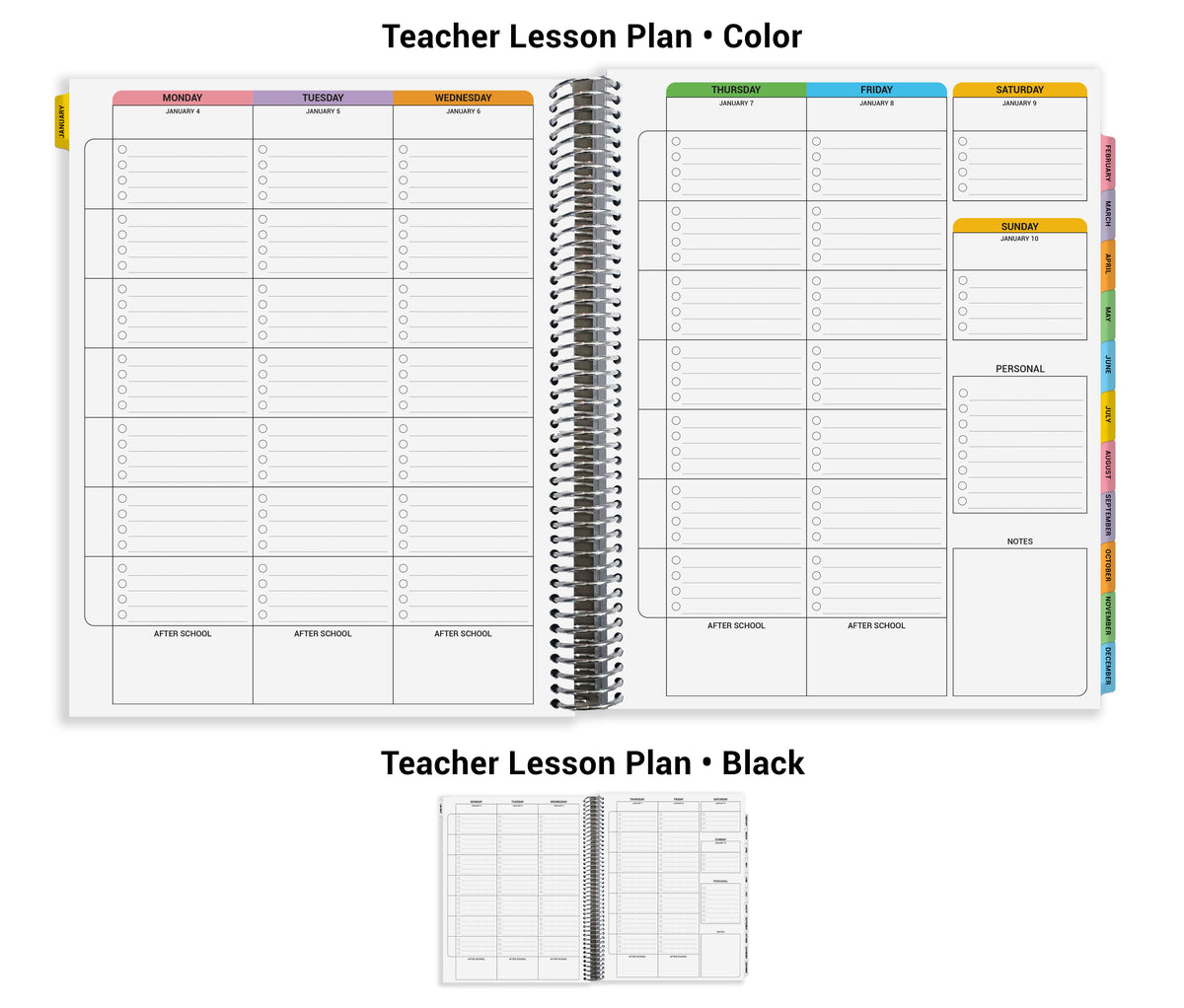 The image is a teacher lesson plan with a black background and a color-coded layout. The plan includes a weekly schedule for teacher lessons, with sections for each day of the week and a separate section for personal notes. The plan also includes a separate section for after-school activities.