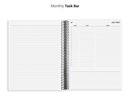 The image is a spiral-bound notebook with a Monthly Task Bar page for July 2021.