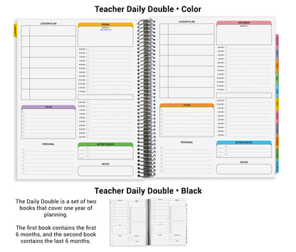 The image is a Teacher Daily Double planner with two books, one containing the first 6 months and the other containing the last 6 months. The planner is designed to cover one year of planning.